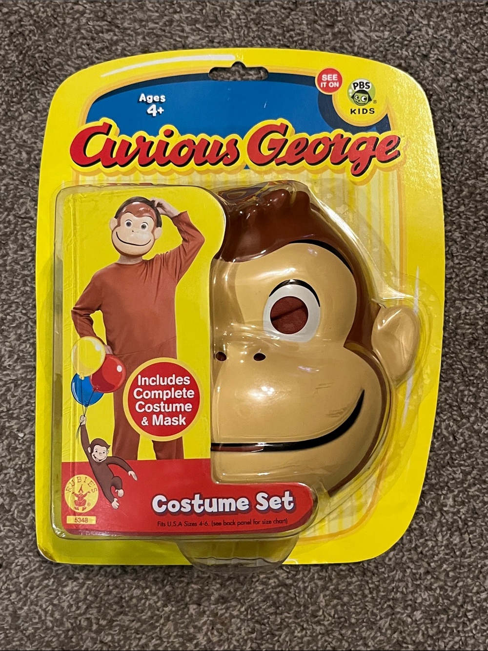 Vintage 2000 New Curious George Costume Set Mask Yellow Brown Monkey 4-6 Rubies